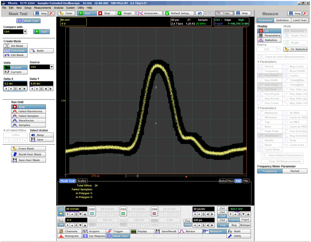 Тест по автоматической маске импульса длительностью 90 пс при отсутствии помех. Горизонтальная шкала 50 пс/дел рис. 48 над.png