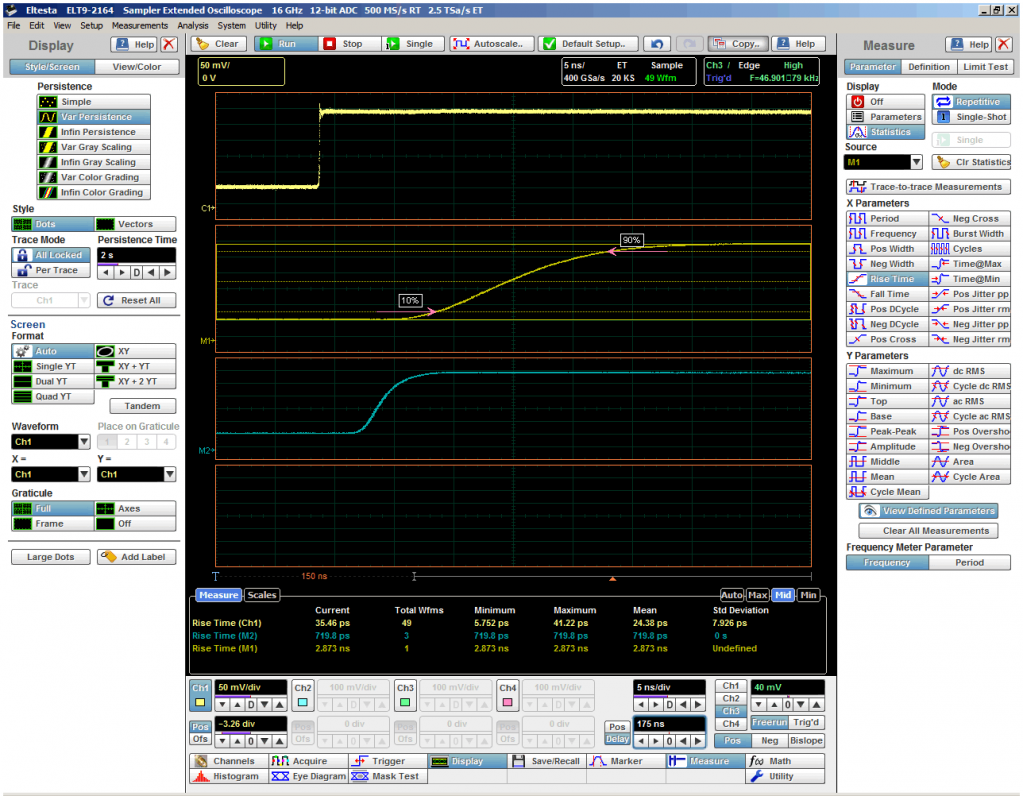 Рис. 5. Три формы переходных характеристик осциллографа АКИП-4133 в зависимости от полосы пропускания. Сверху вниз: широкая, узкая и средняя Рис. 5. Три формы переходных характеристик осциллографа.png